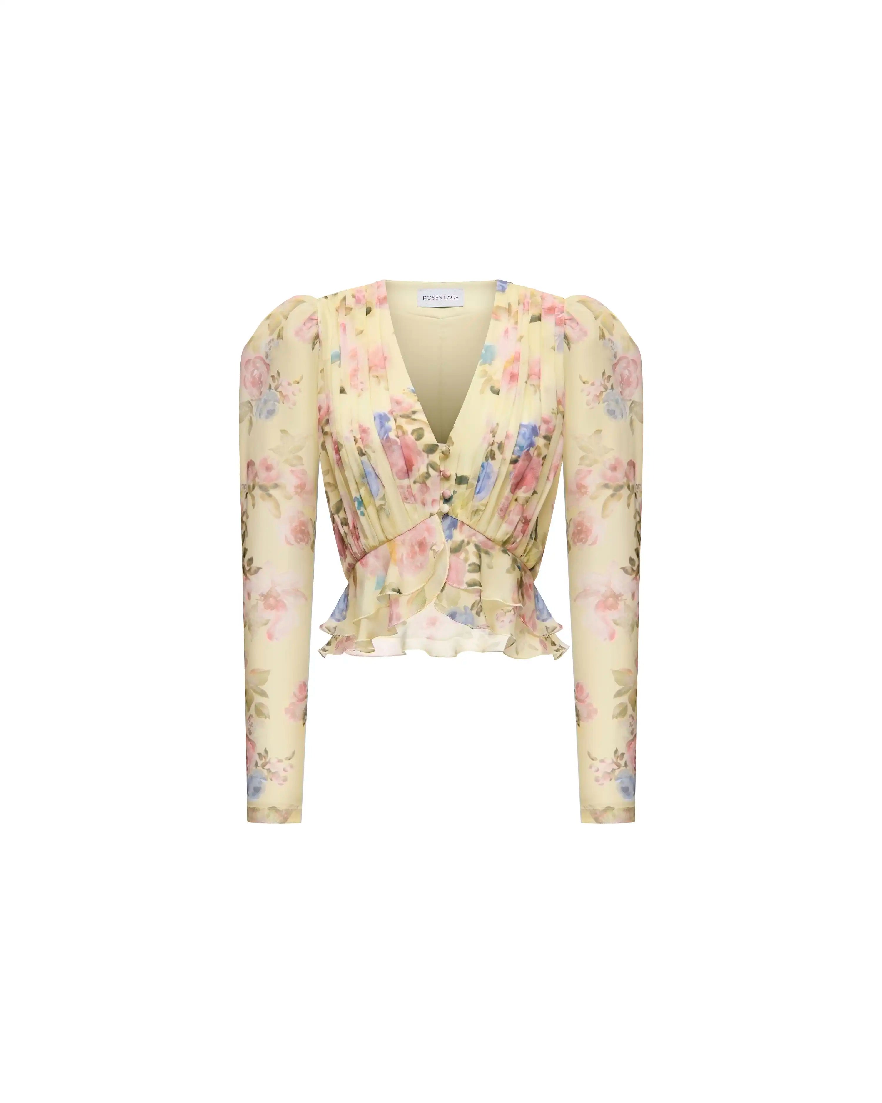 Carolina, blouse in pale yellow crepe de chine with a floral print