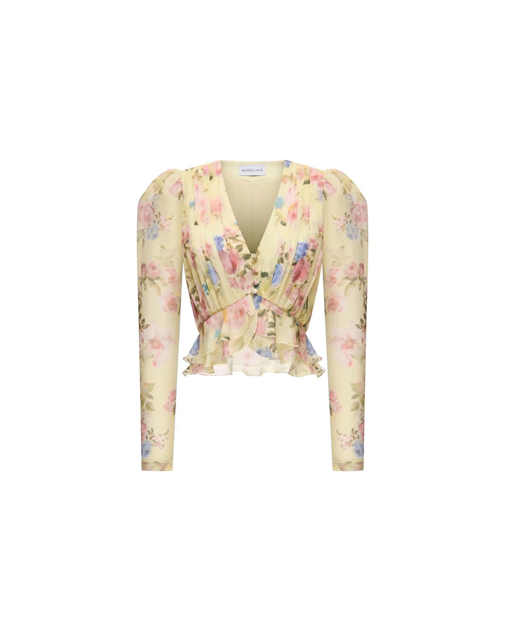 Carolina, blouse in pale yellow crepe de chine with a floral print