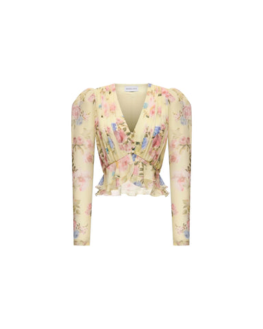Carolina, blouse in pale yellow crepe de chine with a floral print