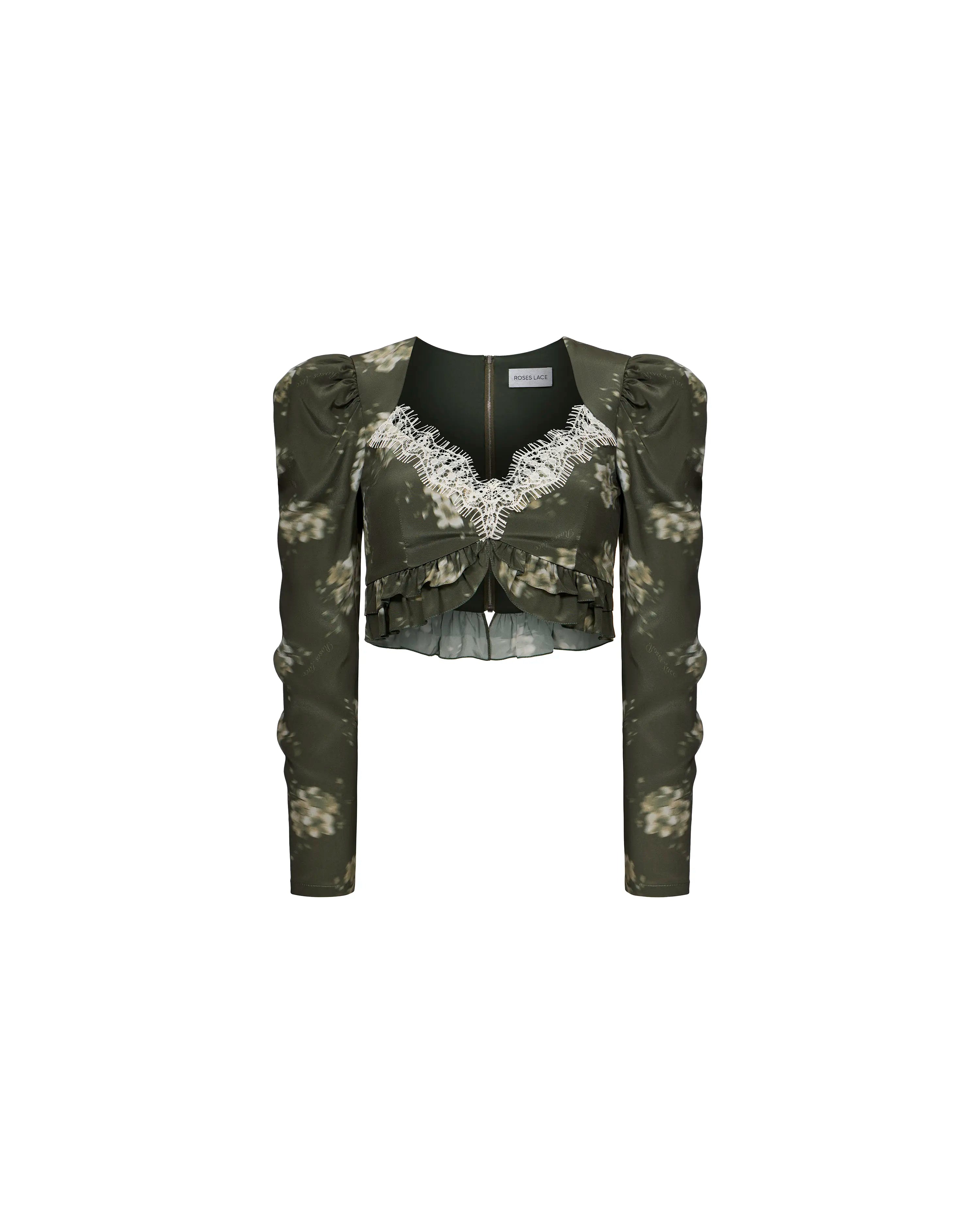 Rennie top, khaki crepe de chine top with ivory flowers