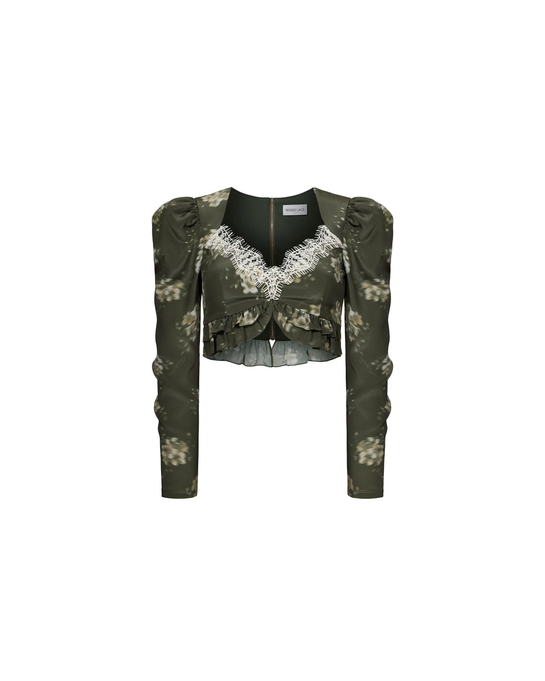 Rennie top, khaki crepe de chine top with ivory flowers