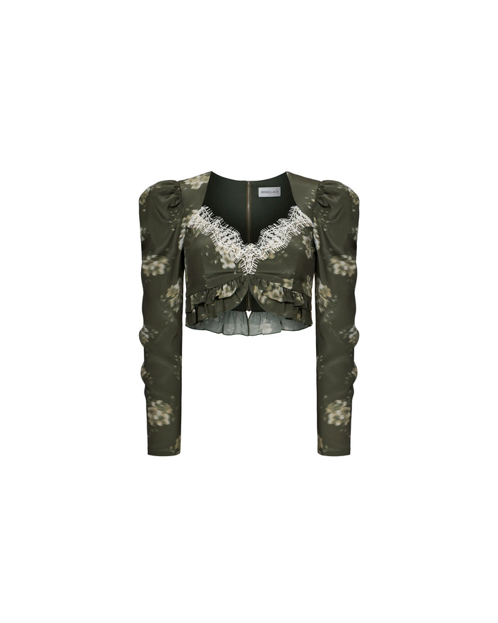 Rennie top, khaki crepe de chine top with ivory flowers