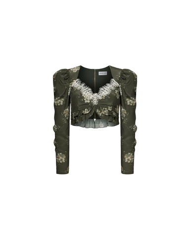 Rennie top, khaki crepe de chine top with ivory flowers