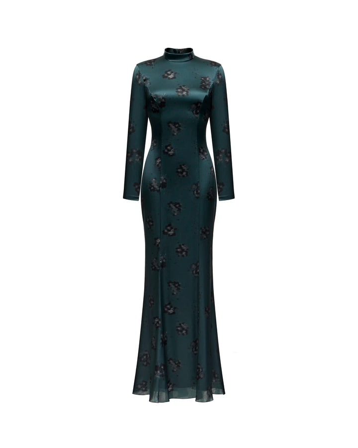 Bella maxi, emerald satin maxi dress with black flowers