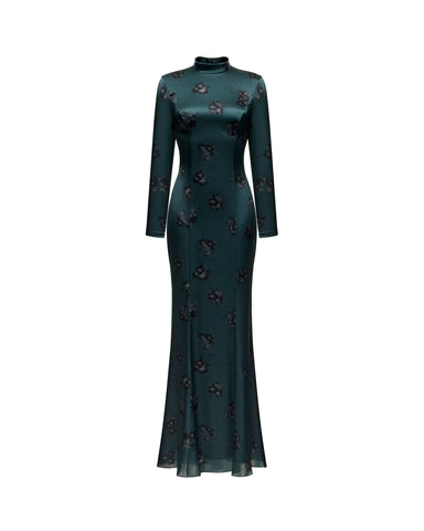 Bella maxi, emerald satin maxi dress with black flowers