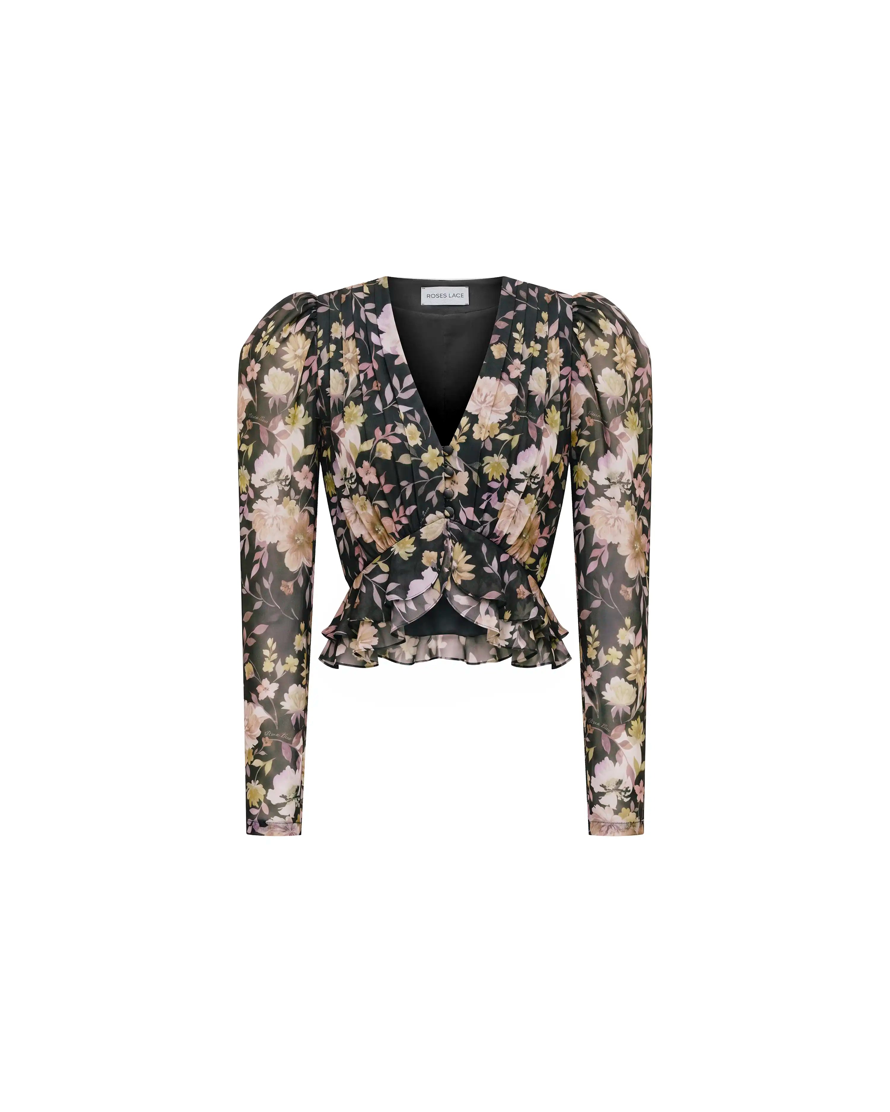 Carolina, black chiffon blouse with multicolor floral print