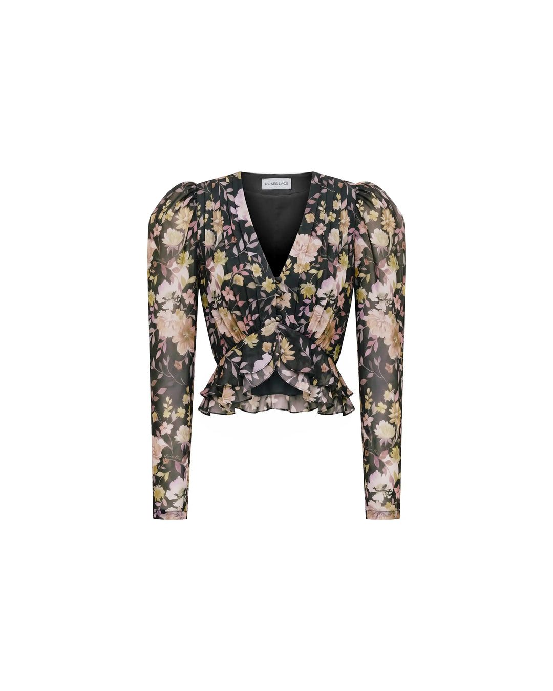 Carolina, black chiffon blouse with multicolor floral print