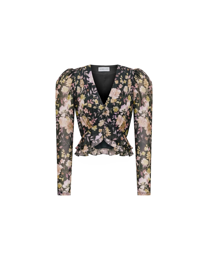 Carolina, black chiffon blouse with multicolor floral print