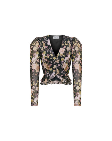 Carolina, black chiffon blouse with multicolor floral print