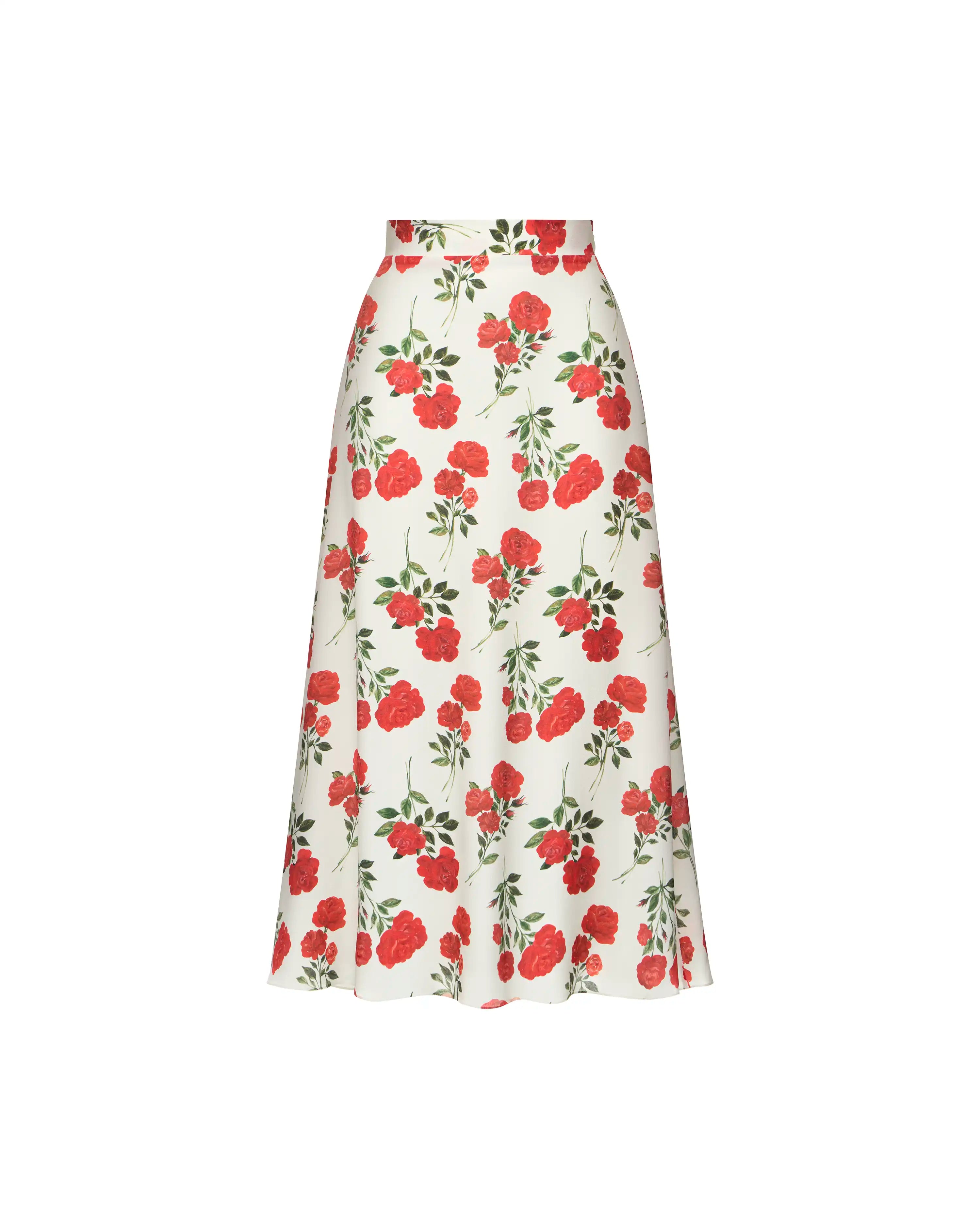 Kerry, ivory crepe de chine midi skirt with medium red roses