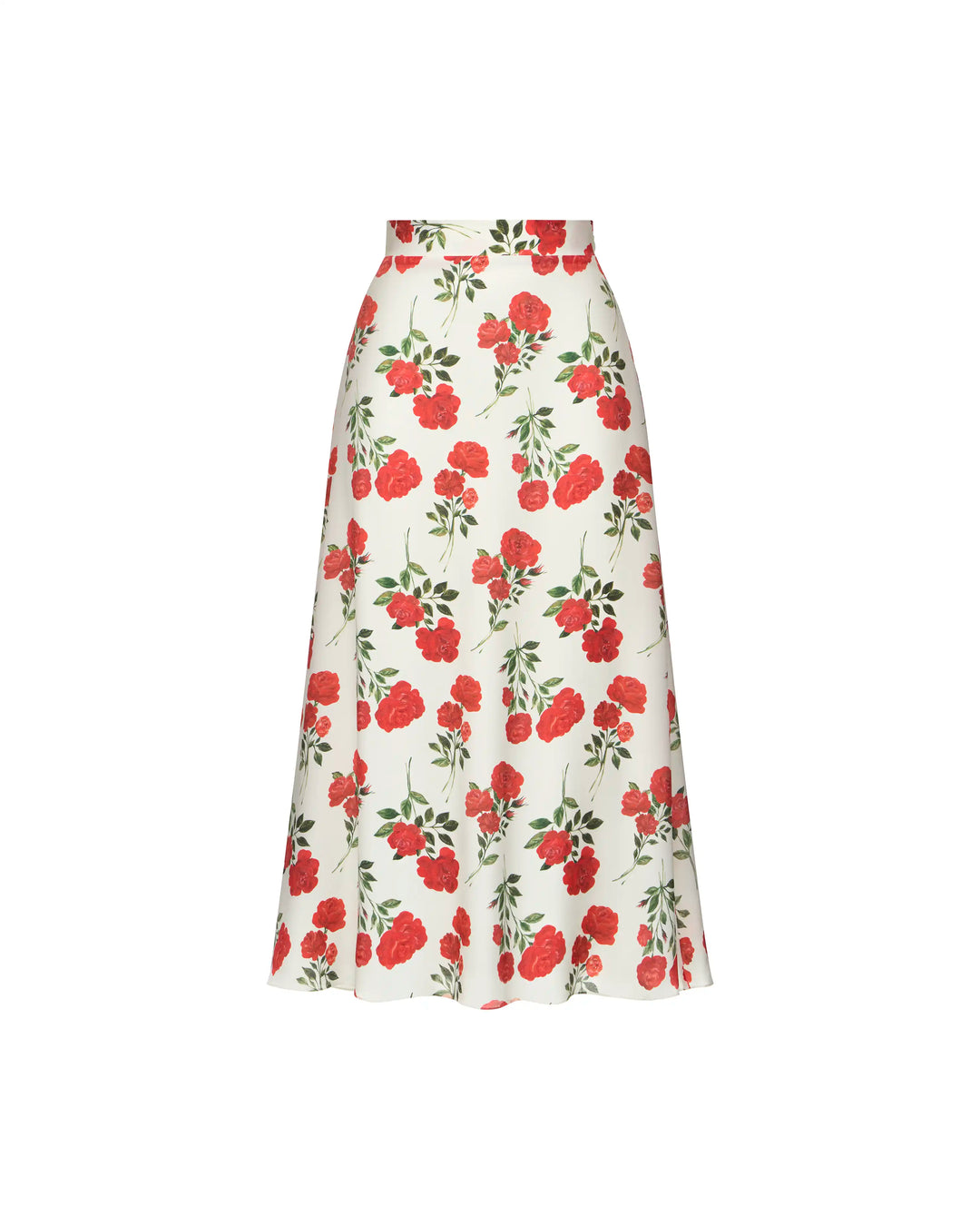 Kerry, ivory crepe de chine midi skirt with medium red roses
