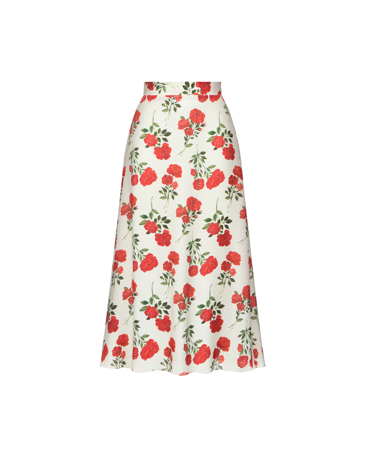 Kerry, ivory crepe de chine midi skirt with medium red roses