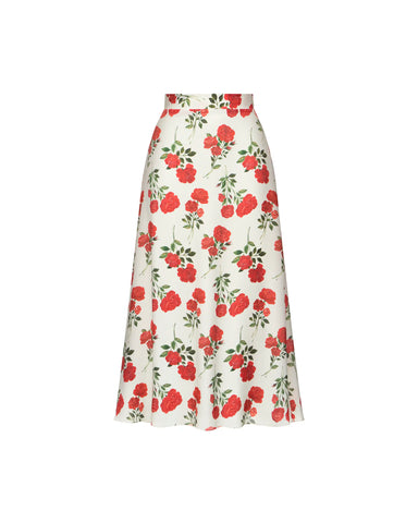 Kerry, ivory crepe de chine midi skirt with medium red roses