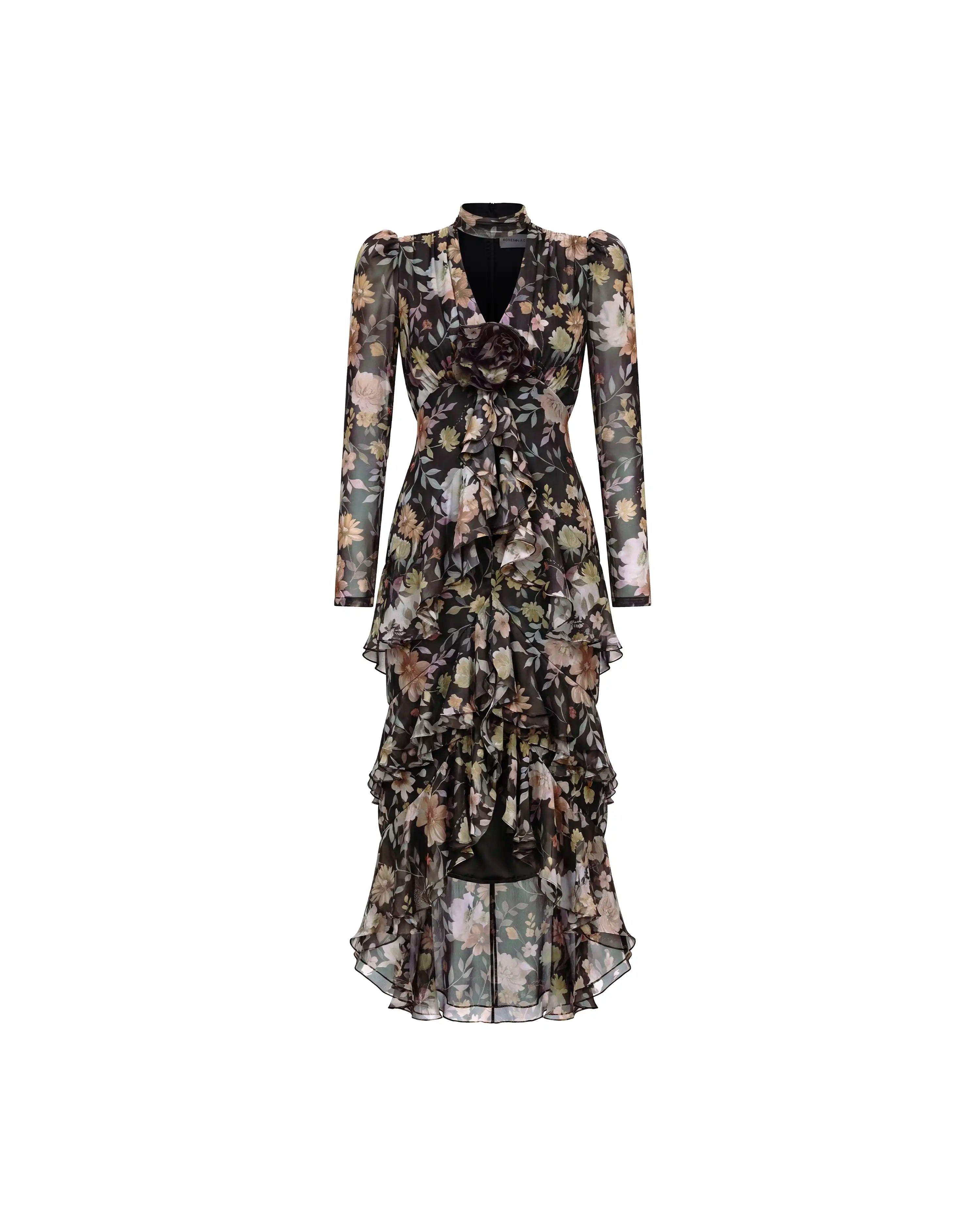 Beatrice sleeves, black chiffon midi dress with multicolor floral print