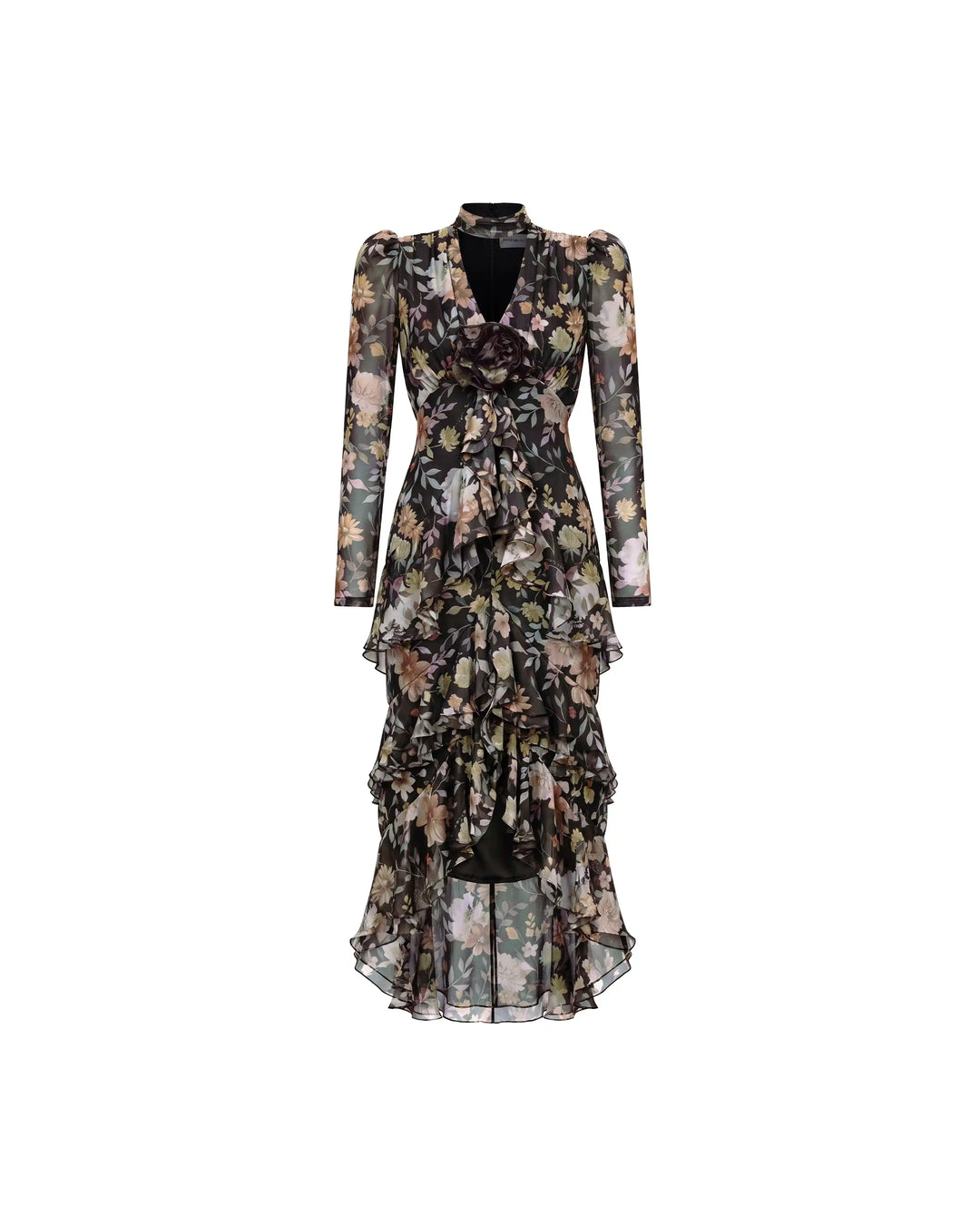 Beatrice sleeves, black chiffon midi dress with multicolor floral print