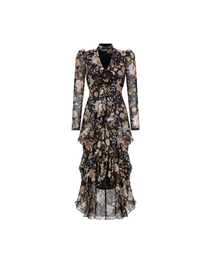 Beatrice sleeves, black chiffon midi dress with multicolor floral print