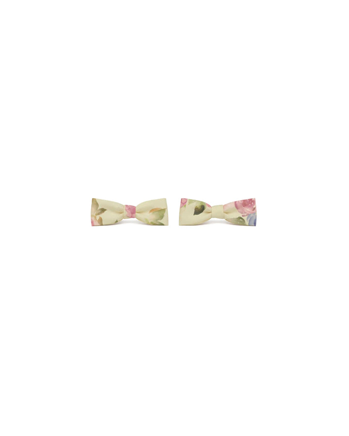 Mimi, bow hair clips in pale yellow crepe de chine with a floral print