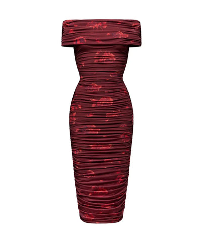 Iren, midi dress made of burgundy biflex with large red flowers