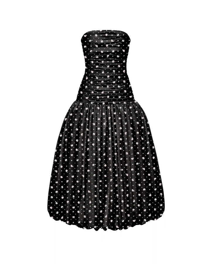 Taylor midi, midi dress made of black satin with small floral print