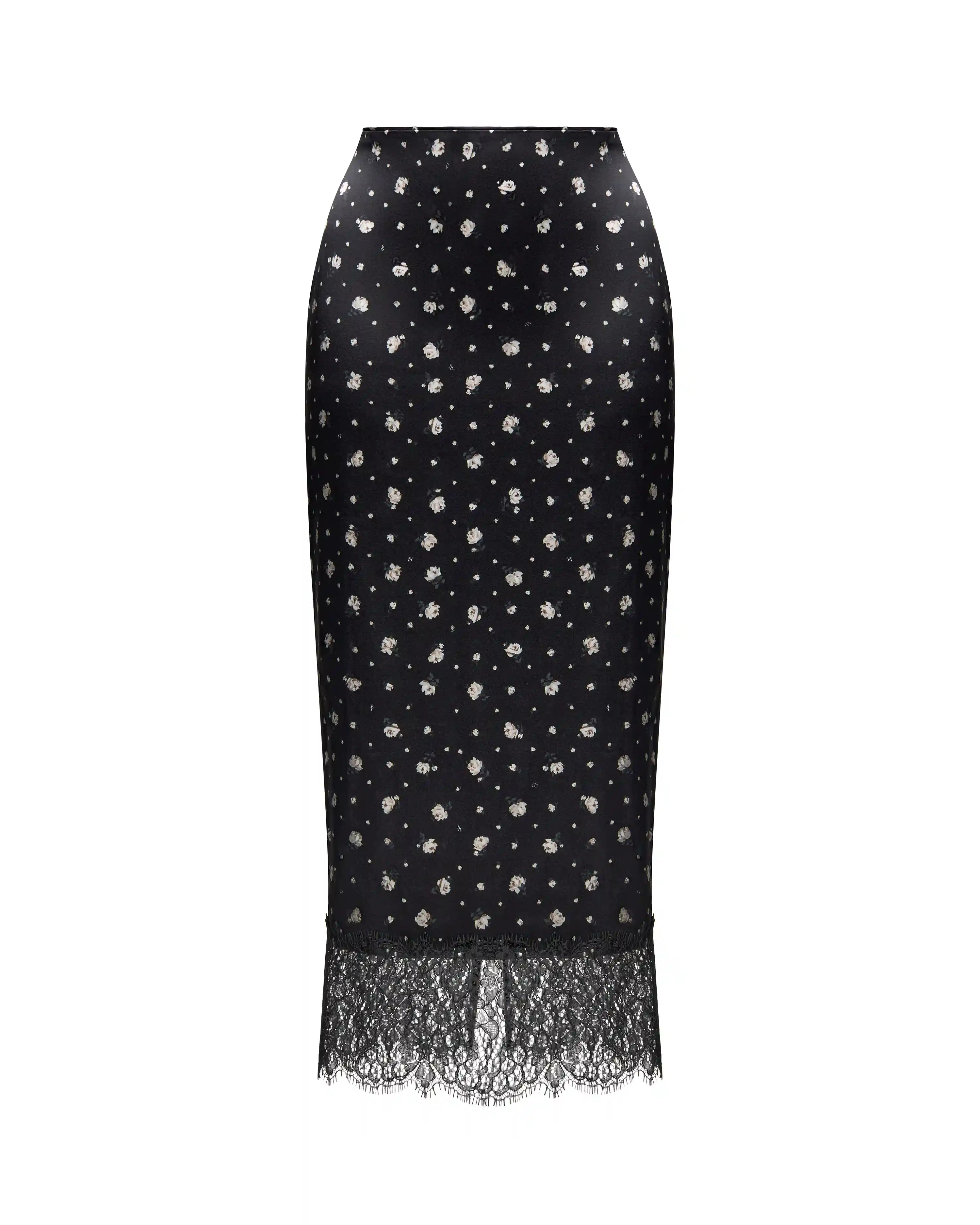 Muriel, midi skirt made of black satin with small floral print and black lace trim