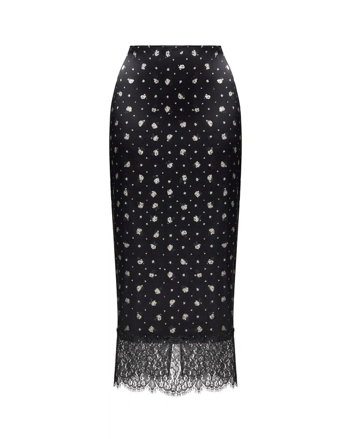 Muriel, midi skirt made of black satin with small floral print and black lace trim