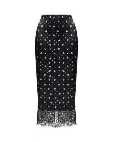 Muriel, midi skirt made of black satin with small floral print and black lace trim