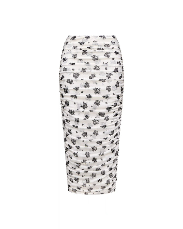 Lia midi, midi skirt made of ivory mesh with floral print