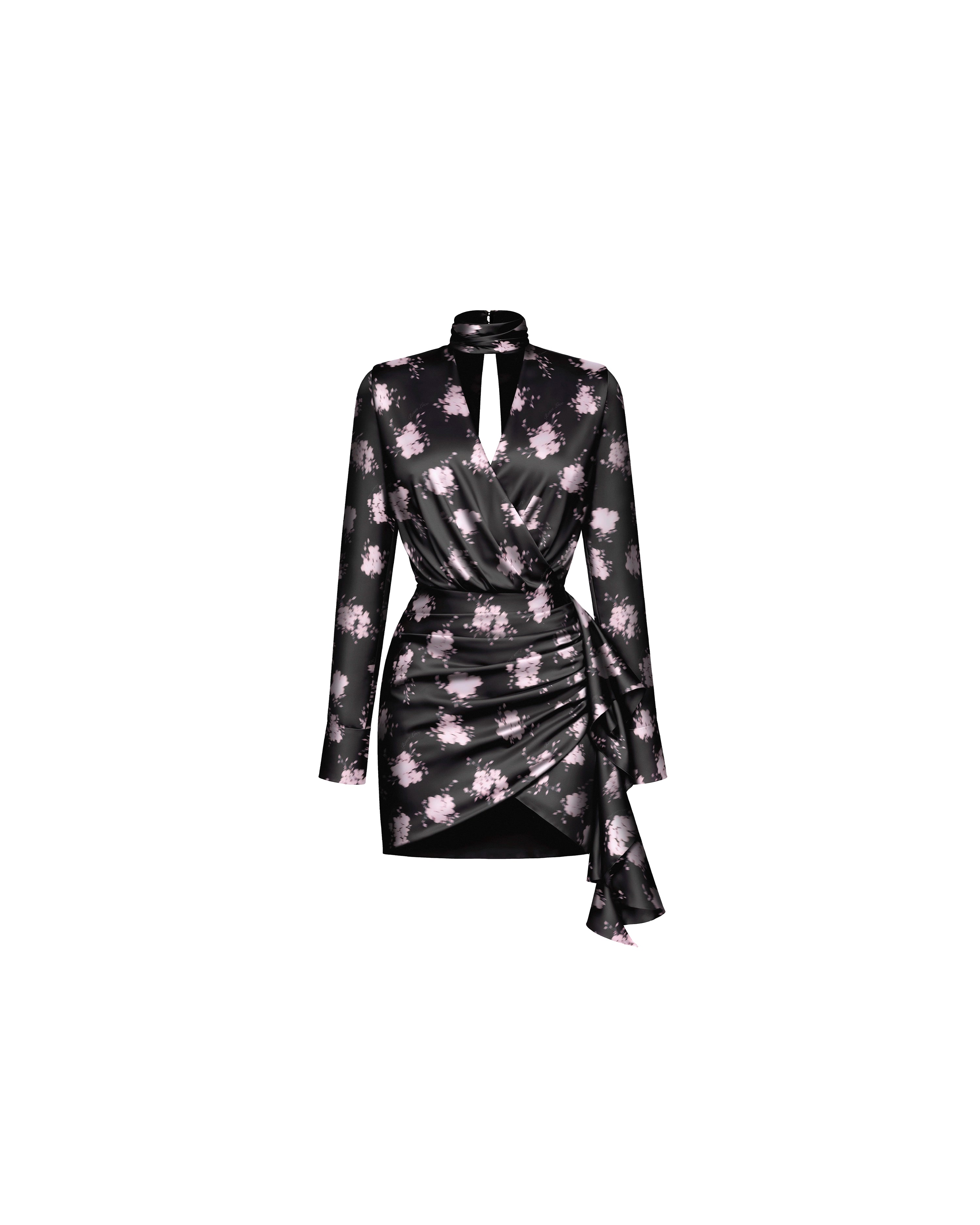 Leah mini, black satin mini dress with floral print