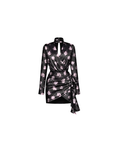 Leah mini, black satin mini dress with floral print