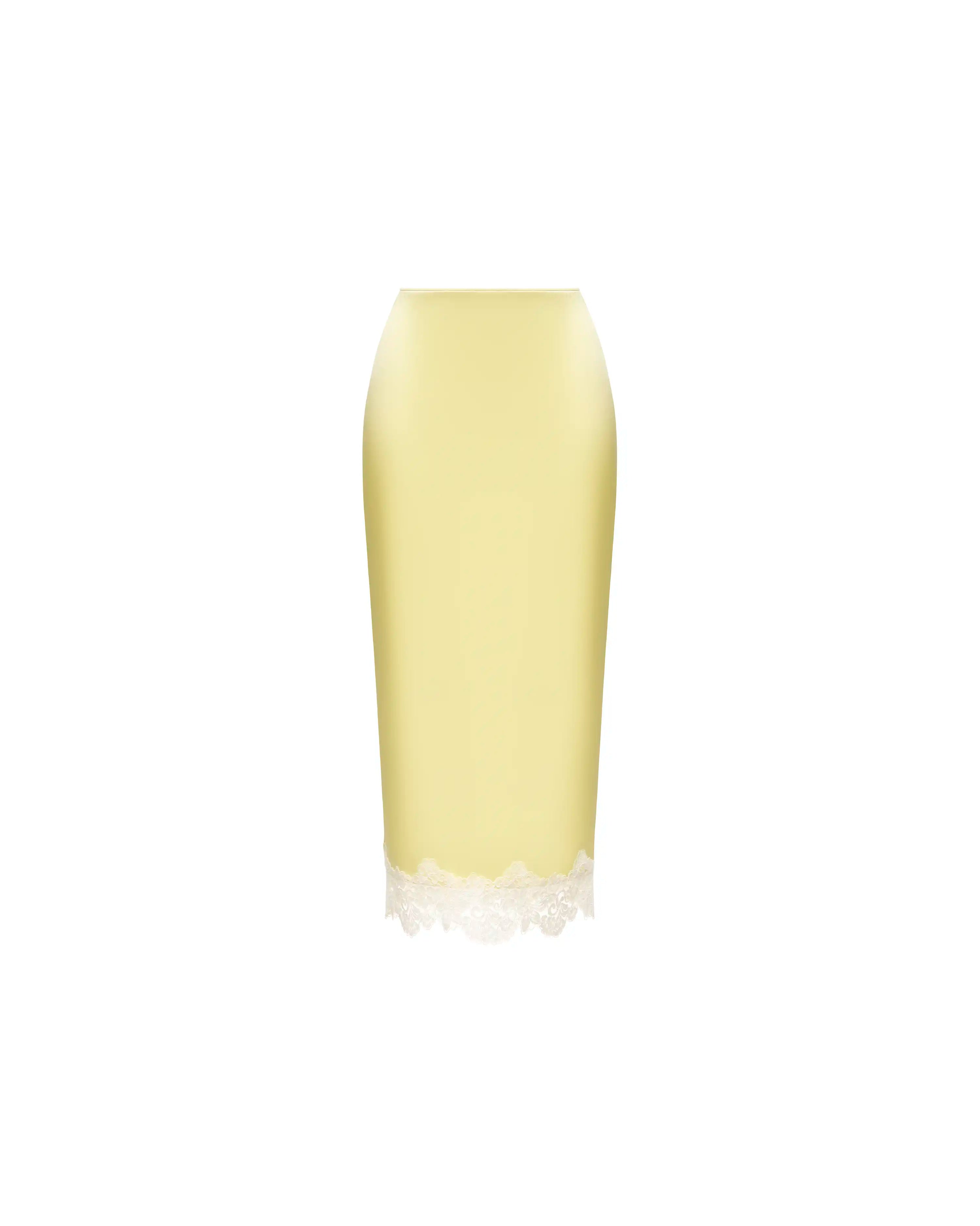 Muriel midi, midi skirt in yellow satin with lace trim