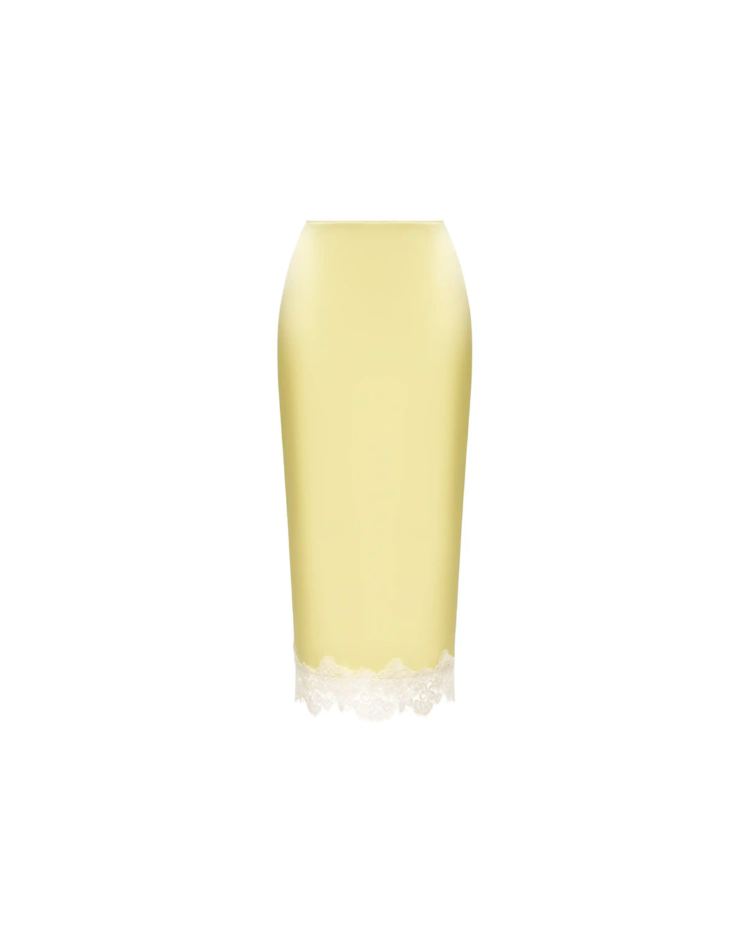 Muriel midi, midi skirt in yellow satin with lace trim