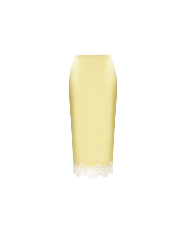 Muriel midi, midi skirt in yellow satin with lace trim