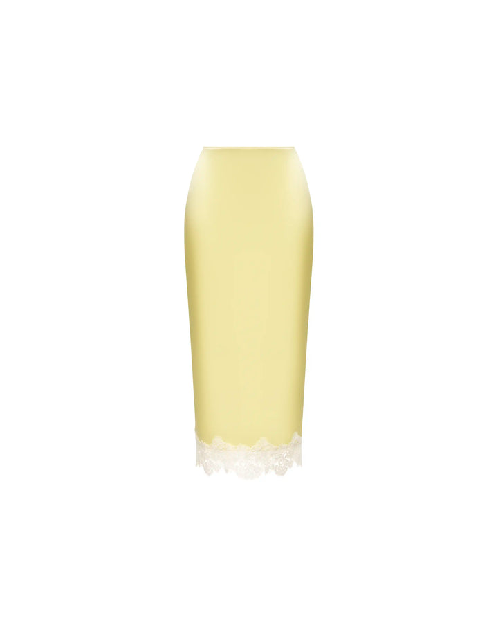 Muriel midi, midi skirt in yellow satin with lace trim