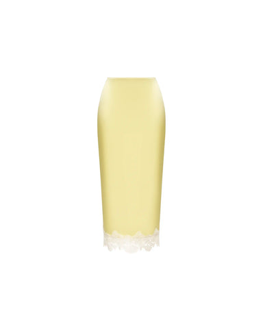 Muriel midi, midi skirt in yellow satin with lace trim