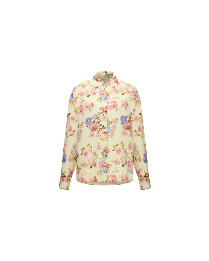 Harper, shirt in pale yellow crepe de chine with a floral print