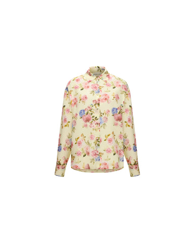 Harper, shirt in pale yellow crepe de chine with a floral print