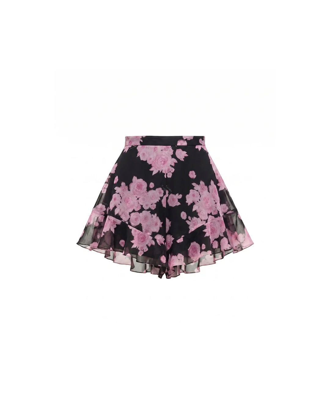 Audrie, black chiffon ruffle shorts with large pink flowers