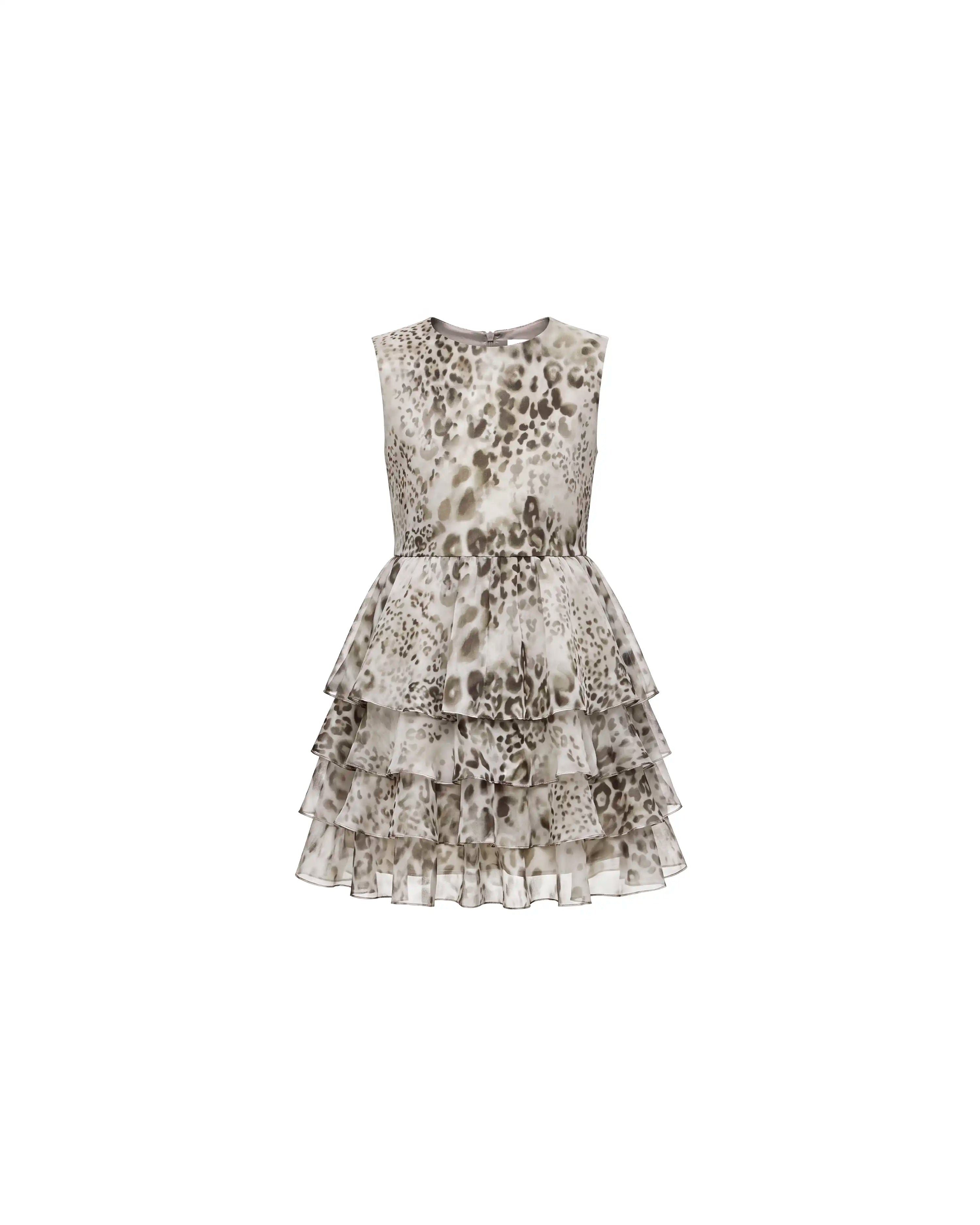 Fifi no sleeves, children's dress in ivory chiffon with animal print