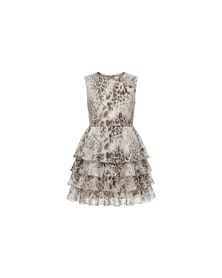 Fifi no sleeves, children's dress in ivory chiffon with animal print