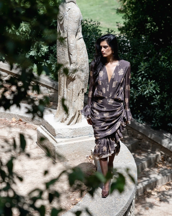 Mira midi, chocolate chiffon midi dress with beige flowers