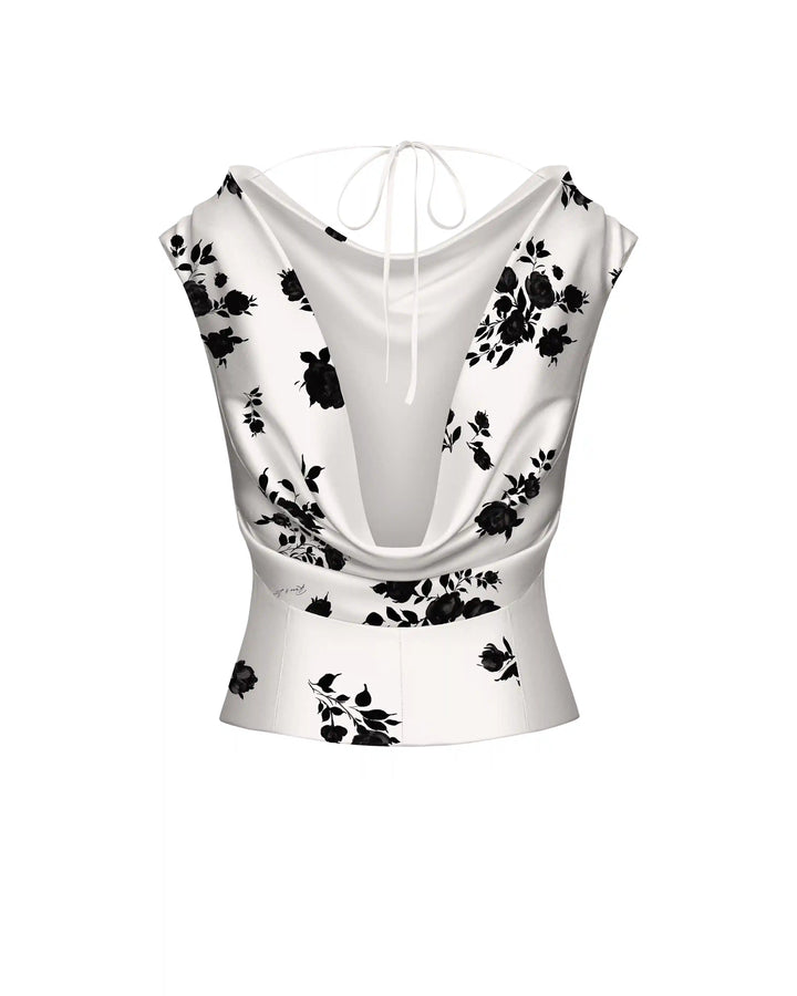 Lucy top, top made of ivory crepe de chine with floral print
