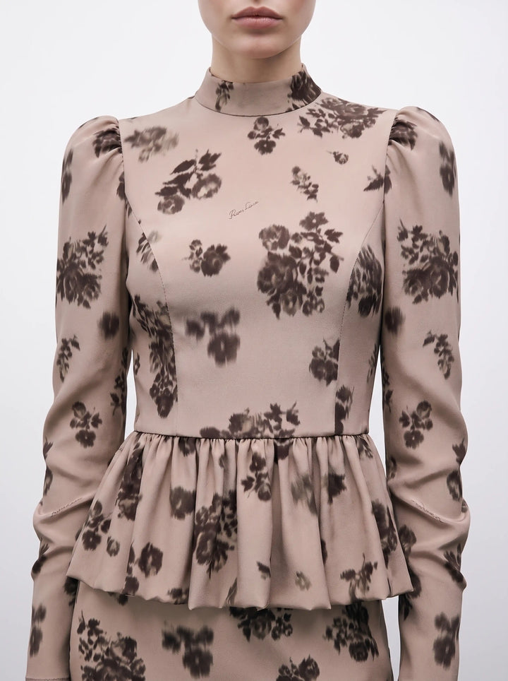Valisa top, beige crepe de chine top with chocolate flowers