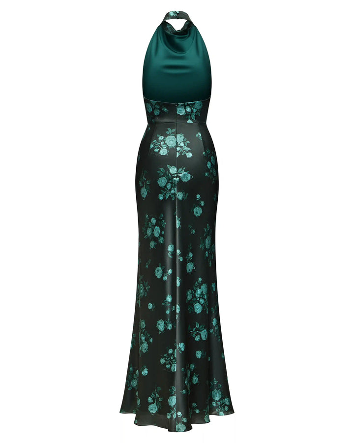 Esty maxi, maxi dress made of dark green satin with a floral print
