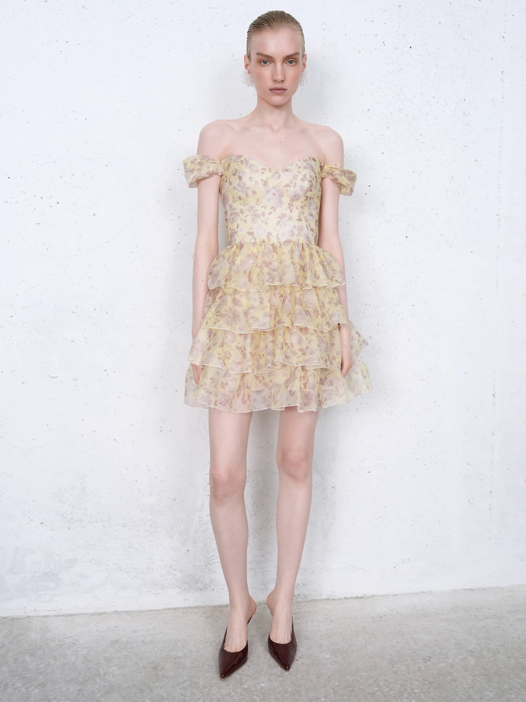 Lisen mini, corset mini dress in yellow organza with a floral print