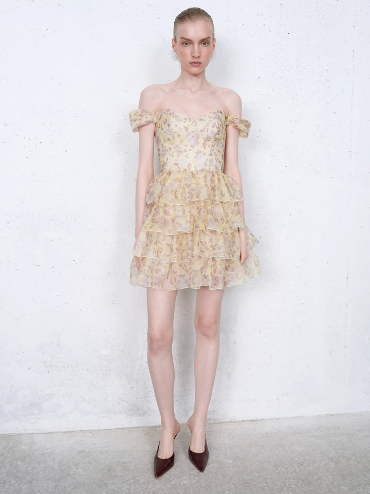 Lisen mini, corset mini dress in yellow organza with a floral print