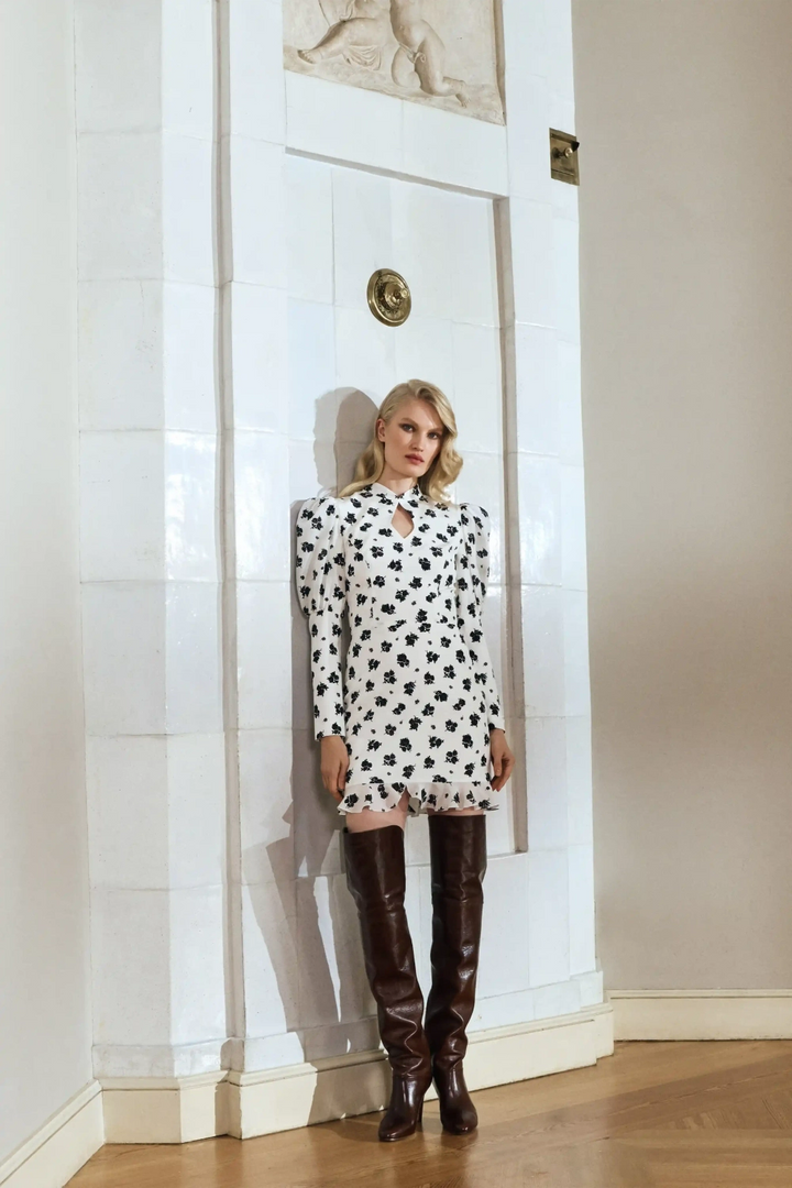 Giannetta mini, mini dress made of dark green satin with a floral print