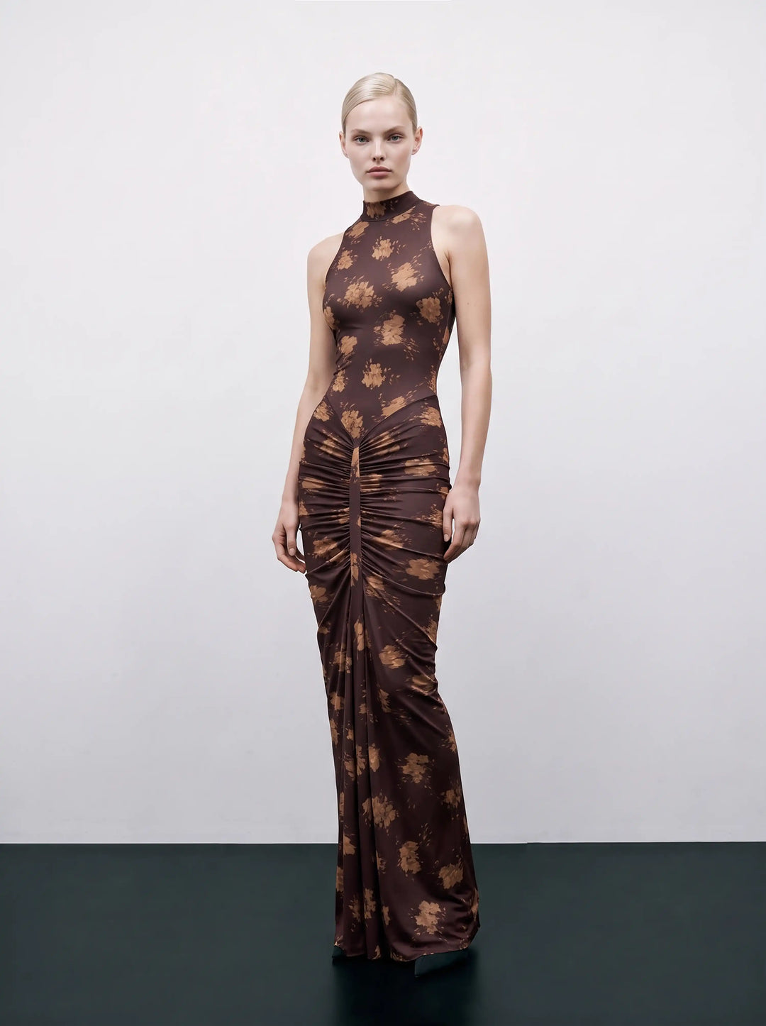 Ivy maxi, chocolate biflex maxi dress with floral print