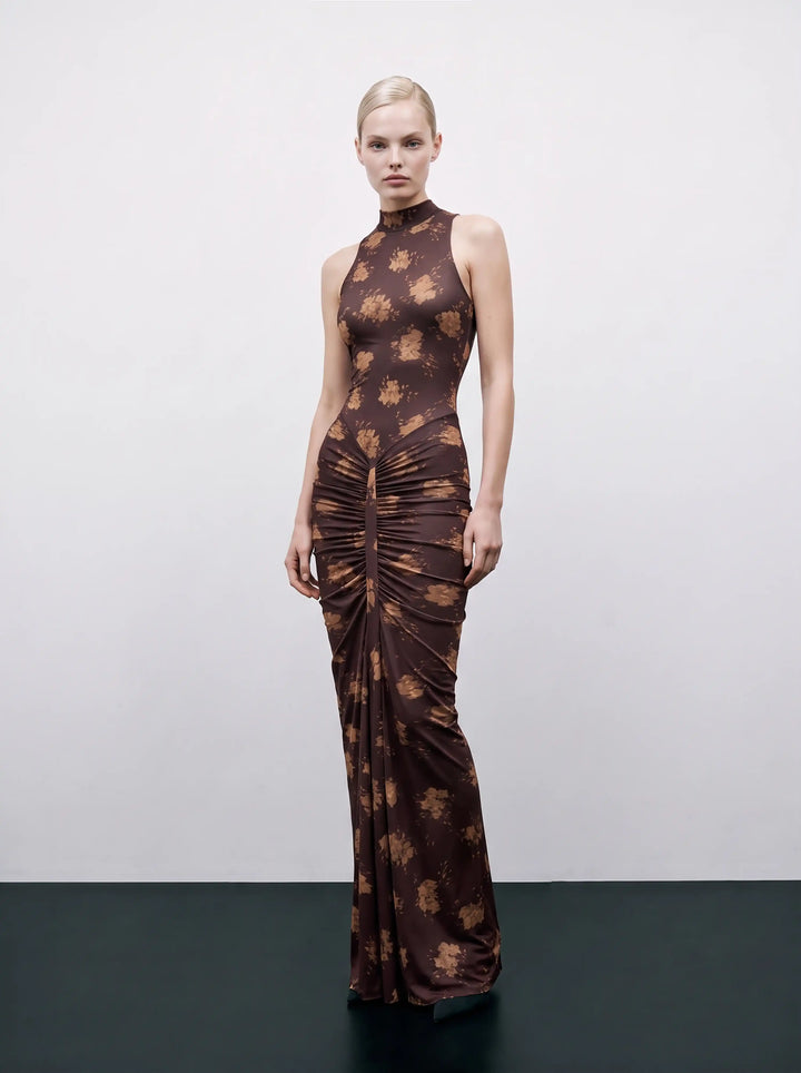 Ivy maxi, chocolate biflex maxi dress with floral print
