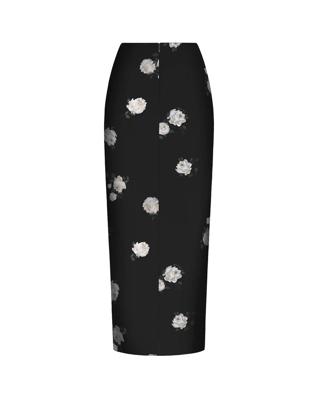 Adrianne, midi skirt made of black crepe de chine with floral print