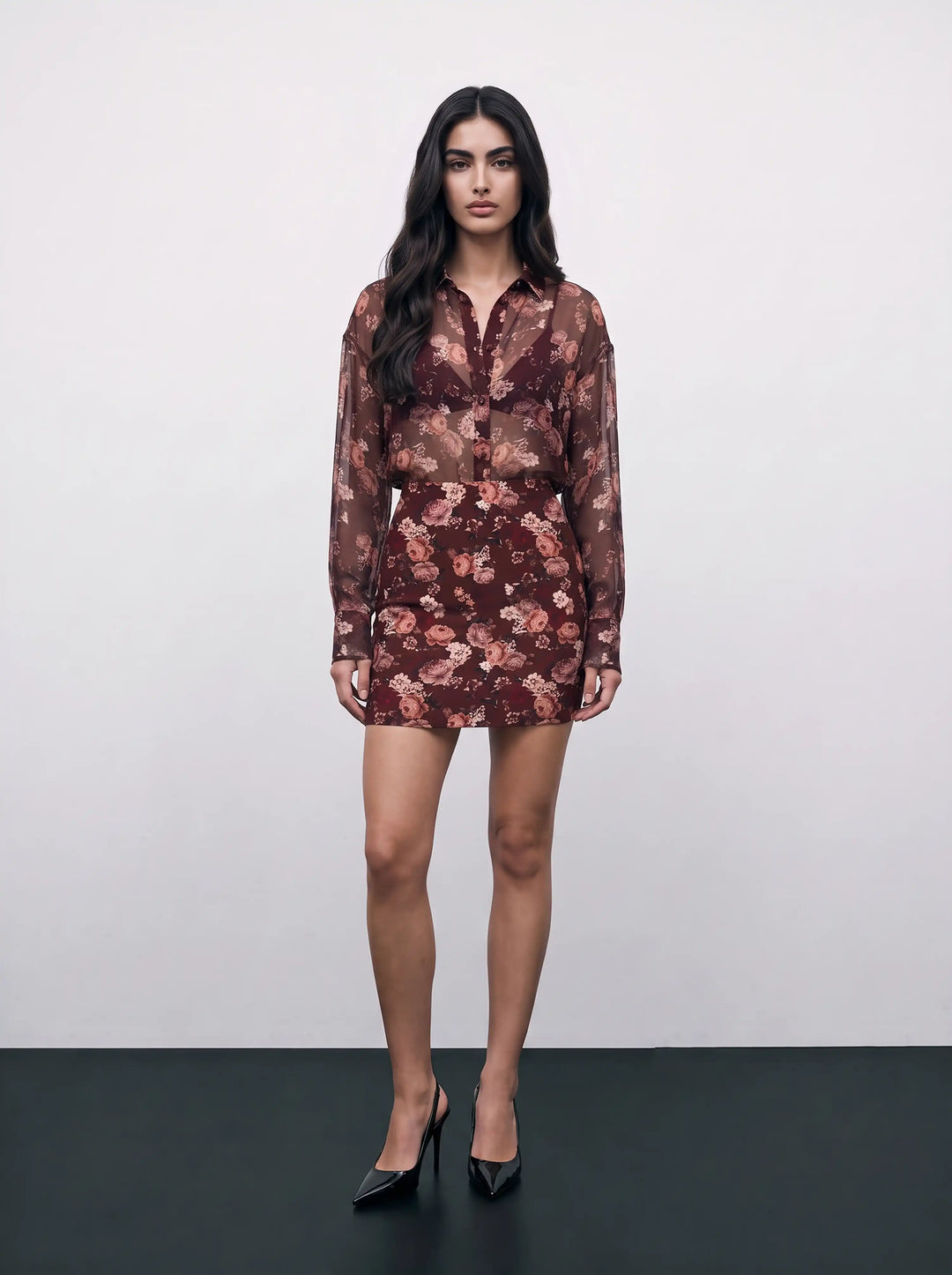 Mona mini, burgundy crepe de chine mini skirt with multicolor flowers